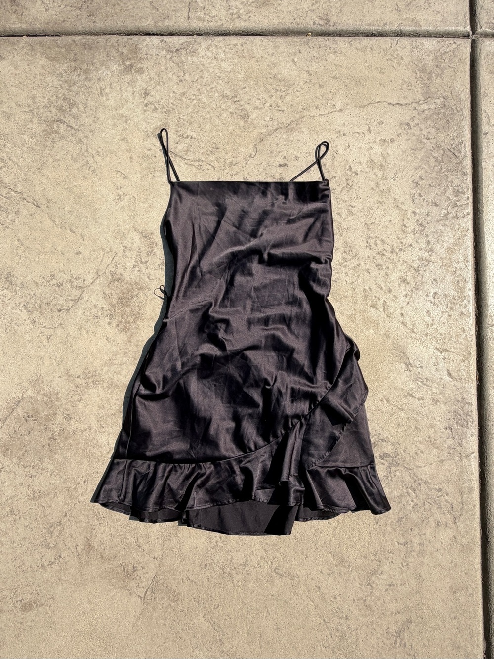 Princess Polly Black Satin Slip Mini Dress with Ruffle Hem